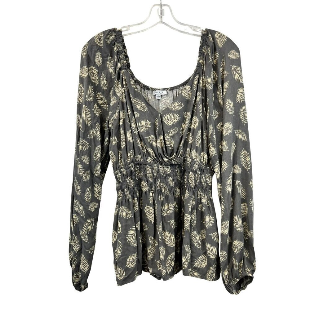 White Birch Leaf Print Peplum Top Long Sleeve Gray/Cream Size Large